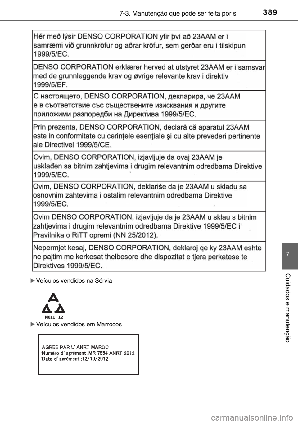 TOYOTA YARIS 2017  Manual de utilização (in Portuguese) 3897-3. Manutenção que pode ser feita por si
7
Cuidados e manutenção
�XVeículos vendidos na Sérvia
�XVeículos vendidos em Marrocos 