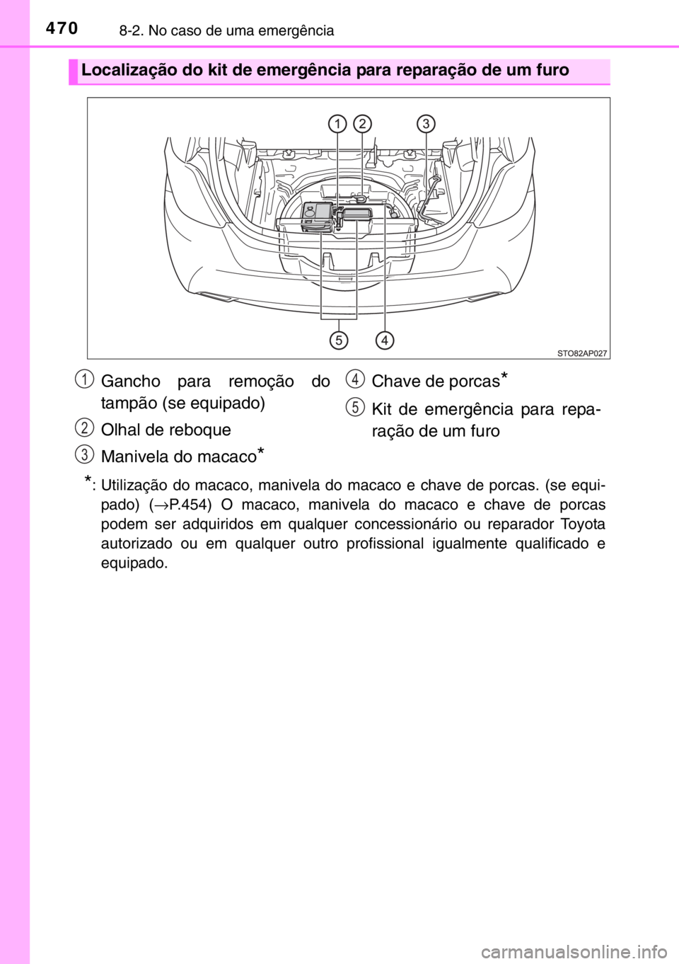 TOYOTA YARIS 2017 Manual de utilização (in Portuguese) 4708-2. No caso de uma emergência
*: Utilização do macaco, manivela do macaco e chave de porcas. (se equi-
pado) (→P.454) O macaco, manivela do macaco e chave de porcas
podem ser adquiridos em qu TOYOTA YARIS 2017 Manual de utilização (in Portuguese) 4708-2. No caso de uma emergência
*: Utilização do macaco, manivela do macaco e chave de porcas. (se equi-
pado) (→P.454) O macaco, manivela do macaco e chave de porcas
podem ser adquiridos em qu