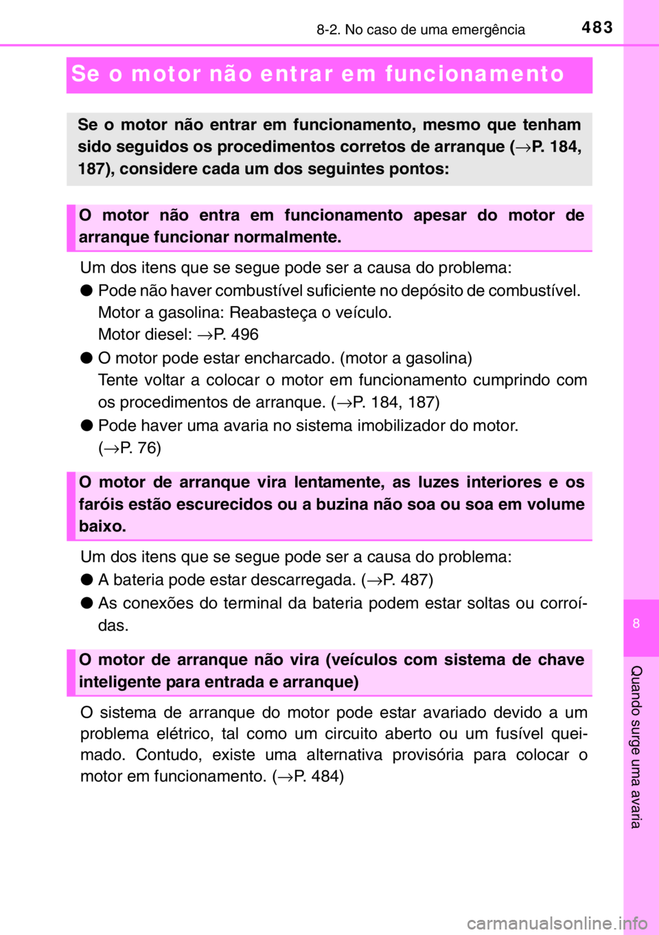 TOYOTA YARIS 2017 Manual de utilização (in Portuguese) 4838-2. No caso de uma emergência
8
Quando surge uma avaria
Se o motor não entrar em funcionamento
Um dos itens que se segue pode ser a causa do problema:
●Pode não haver combustível suficiente TOYOTA YARIS 2017 Manual de utilização (in Portuguese) 4838-2. No caso de uma emergência
8
Quando surge uma avaria
Se o motor não entrar em funcionamento
Um dos itens que se segue pode ser a causa do problema:
●Pode não haver combustível suficiente