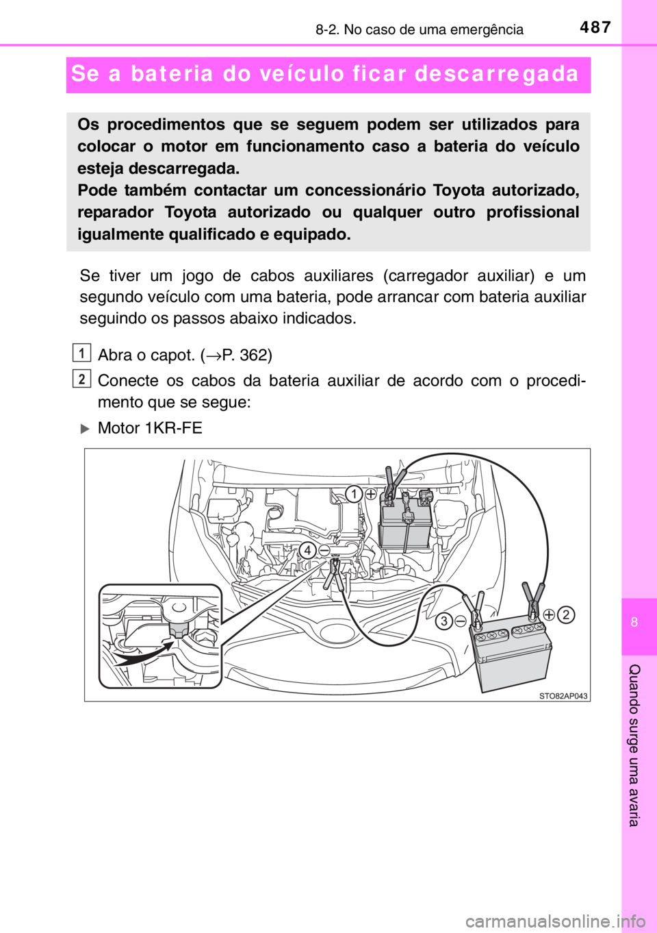 TOYOTA YARIS 2017 Manual de utilização (in Portuguese) 4878-2. No caso de uma emergência
8
Quando surge uma avaria
Se a bateria do veículo ficar descarregada
Se tiver um jogo de cabos auxiliares (carregador auxiliar) e um
segundo veículo com uma bateri TOYOTA YARIS 2017 Manual de utilização (in Portuguese) 4878-2. No caso de uma emergência
8
Quando surge uma avaria
Se a bateria do veículo ficar descarregada
Se tiver um jogo de cabos auxiliares (carregador auxiliar) e um
segundo veículo com uma bateri