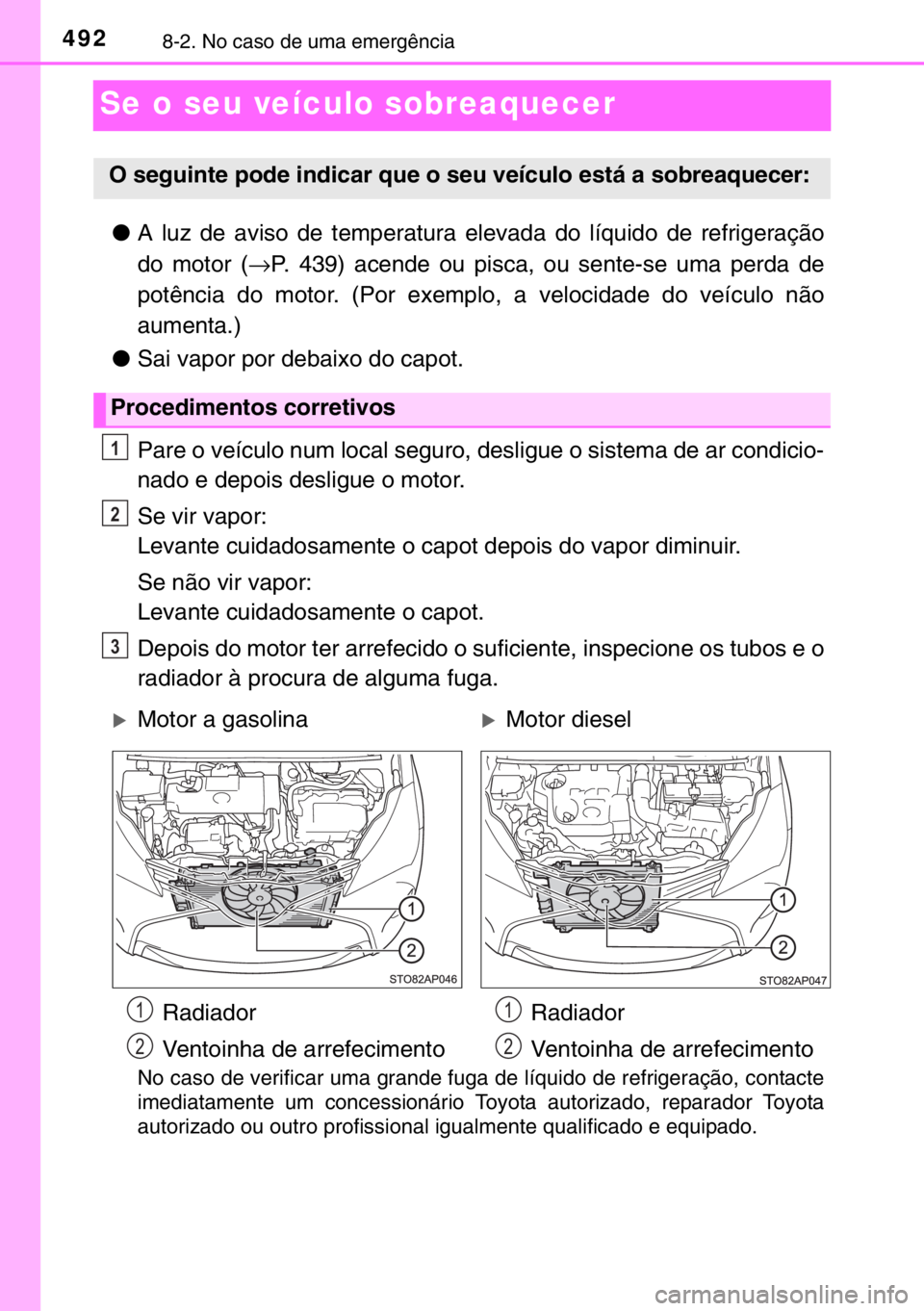 TOYOTA YARIS 2017  Manual de utilização (in Portuguese) 4928-2. No caso de uma emergência
Se o seu veículo sobreaquecer
●A luz de aviso de temperatura elevada do líquido de refrigeração
do motor (→P. 439) acende ou pisca, ou sente-se uma perda de
