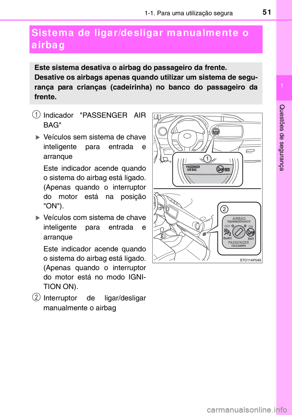 TOYOTA YARIS 2017  Manual de utilização (in Portuguese) 511-1. Para uma utilização segura
1
Questões de segurança
Sistema de ligar/desligar manualmente o 
airbag
Indicador "PASSENGER AIR
BAG"
�XVeículos sem sistema de chave
inteligente para en