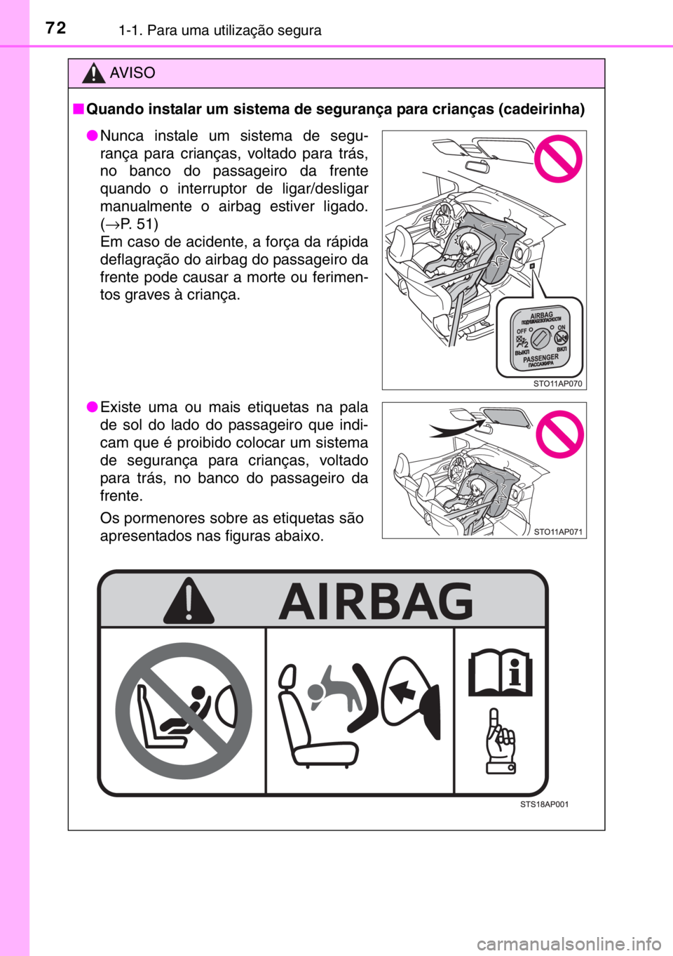 TOYOTA YARIS 2017 Manual de utilização (in Portuguese) 721-1. Para uma utilização segura
AV I S O
■Quando instalar um sistema de segurança para crianças (cadeirinha)
●Nunca instale um sistema de segu-
rança para crianças, voltado para trás,
no TOYOTA YARIS 2017 Manual de utilização (in Portuguese) 721-1. Para uma utilização segura
AV I S O
■Quando instalar um sistema de segurança para crianças (cadeirinha)
●Nunca instale um sistema de segu-
rança para crianças, voltado para trás,
no