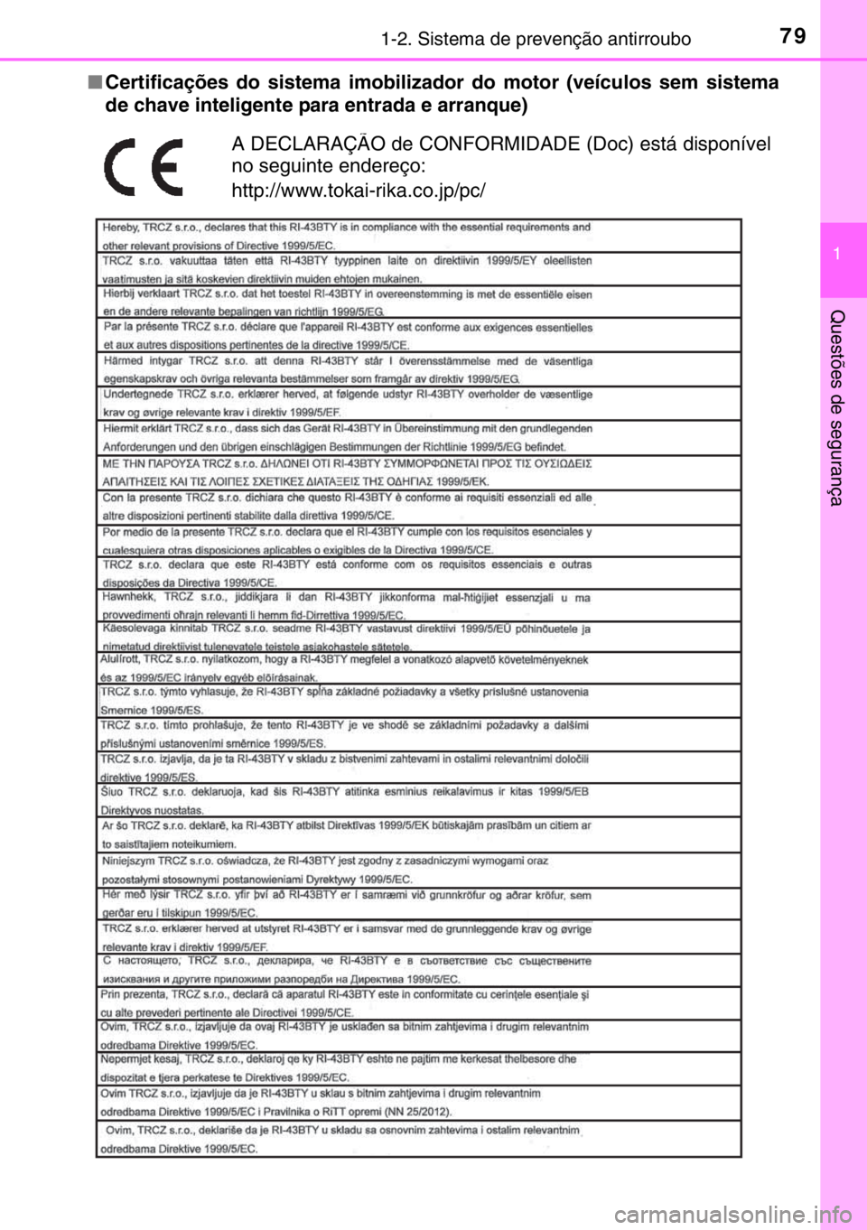 TOYOTA YARIS 2017  Manual de utilização (in Portuguese) 791-2. Sistema de prevenção antirroubo
1
Questões de segurança
■Certificações do sistema imobilizador do motor (veículos sem sistema
de chave inteligente para entrada e arranque)
A DECLARAÇ