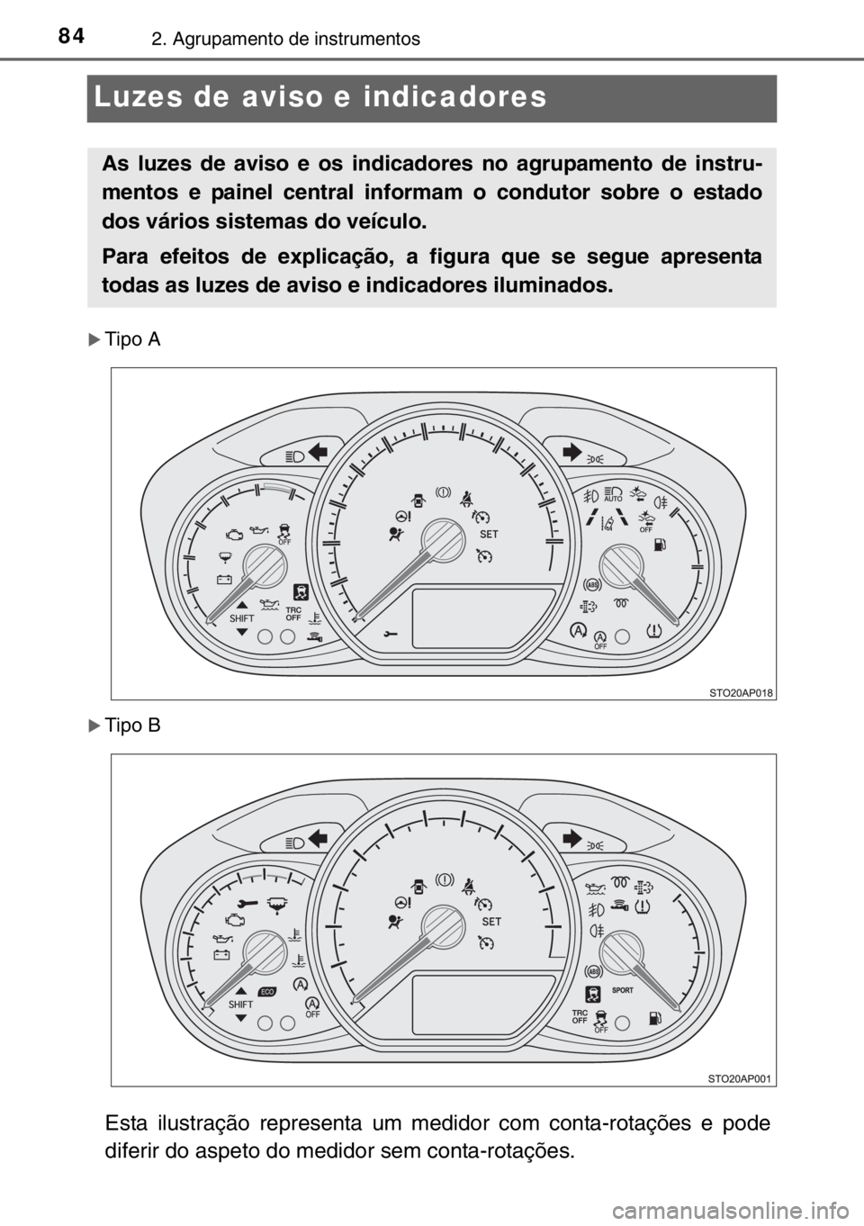 TOYOTA YARIS 2017  Manual de utilização (in Portuguese) 842. Agrupamento de instrumentos
Luzes de aviso e indicadores
�XTipo A
�XTipo B
Esta ilustração representa um medidor com conta-rotações e pode
diferir do aspeto do medidor sem conta-rotações.
A