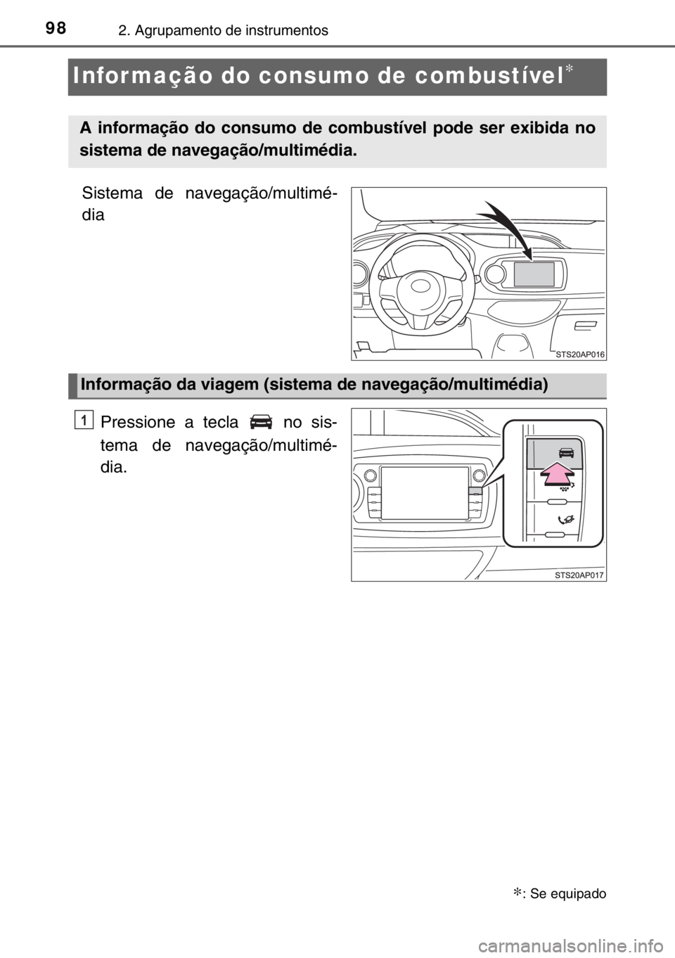 TOYOTA YARIS 2017 Manual de utilização (in Portuguese) 982. Agrupamento de instrumentos
Infor mação do consumo de combustível∗
Sistema de navegação/multimé-
dia
Pressione a tecla no sis-
tema de navegação/multimé-
dia.
∗: Se equipado
A info TOYOTA YARIS 2017 Manual de utilização (in Portuguese) 982. Agrupamento de instrumentos
Infor mação do consumo de combustível∗
Sistema de navegação/multimé-
dia
Pressione a tecla no sis-
tema de navegação/multimé-
dia.
∗: Se equipado
A info