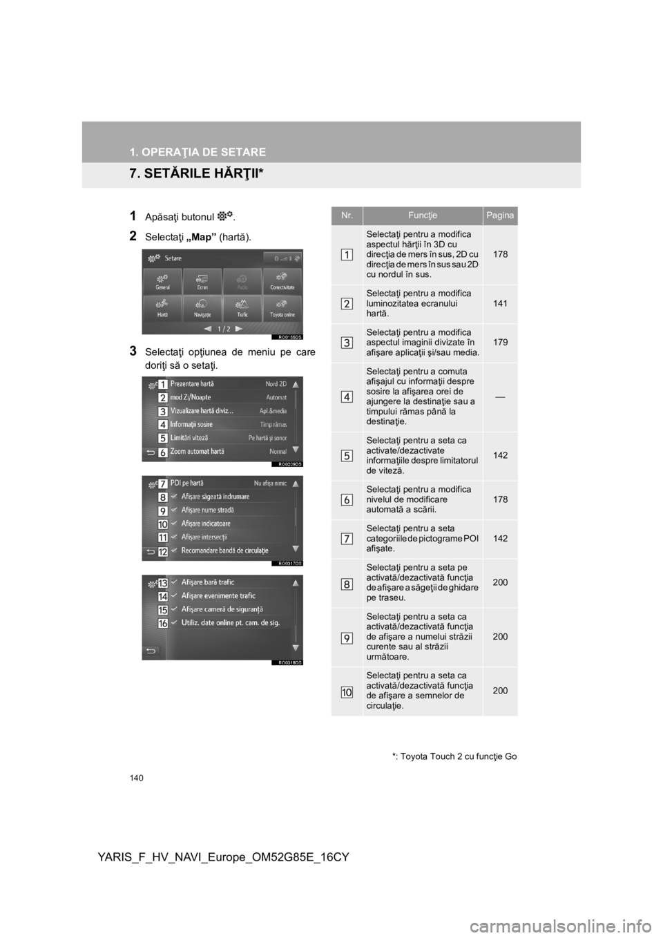 TOYOTA YARIS 2017 Manual de utilizare (in Romanian) 140
YARIS_F_HV_NAVI_Europe_OM52G85E_16CY
1. OPERAŢIA DE SETARE
7. SETĂRILE HĂRŢII*
1
Apăsaţi butonul .
2Selectaţi „Map” (hartă).
3Selectaţi opţiunea de meniu pe care
doriţi să o seta TOYOTA YARIS 2017 Manual de utilizare (in Romanian) 140
YARIS_F_HV_NAVI_Europe_OM52G85E_16CY
1. OPERAŢIA DE SETARE
7. SETĂRILE HĂRŢII*
1
Apăsaţi butonul .
2Selectaţi „Map” (hartă).
3Selectaţi opţiunea de meniu pe care
doriţi să o seta
