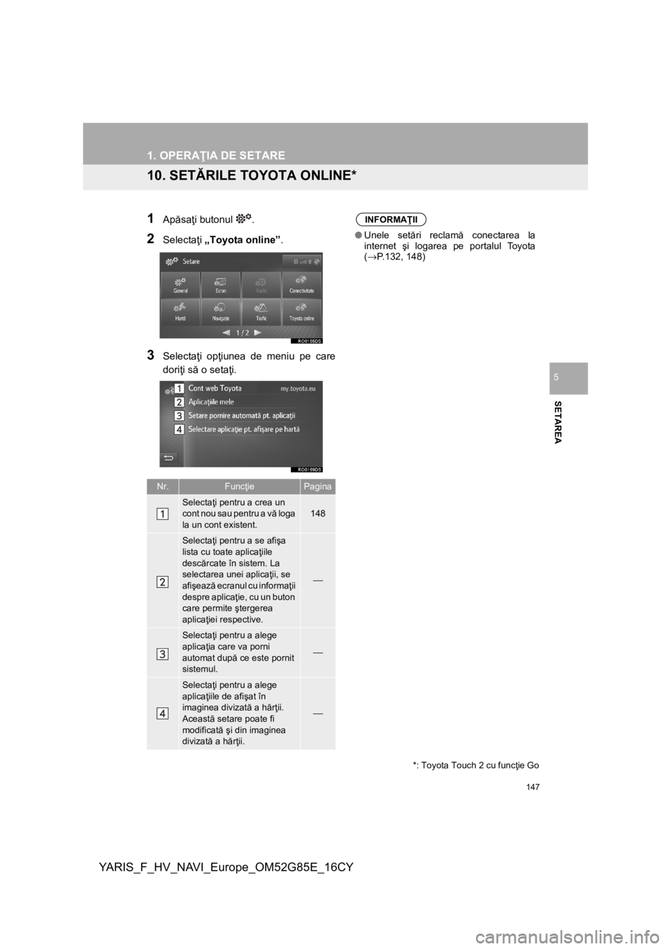 TOYOTA YARIS 2017 Manual de utilizare (in Romanian) 147
YARIS_F_HV_NAVI_Europe_OM52G85E_16CY
1. OPERAŢIA DE SETARE
SETAREA
5
10. SETĂRILE TOYOTA ONLINE*
1
Apăsaţi butonul .
2Selectaţi „Toyota online”.
3Selectaţi opţiunea de meniu pe care
do TOYOTA YARIS 2017 Manual de utilizare (in Romanian) 147
YARIS_F_HV_NAVI_Europe_OM52G85E_16CY
1. OPERAŢIA DE SETARE
SETAREA
5
10. SETĂRILE TOYOTA ONLINE*
1
Apăsaţi butonul .
2Selectaţi „Toyota online”.
3Selectaţi opţiunea de meniu pe care
do