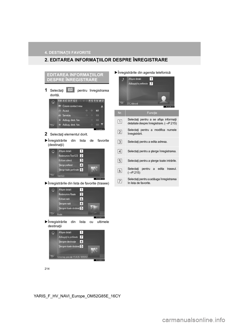TOYOTA YARIS 2017 Manual de utilizare (in Romanian) 214
4. DESTINAŢII FAVORITE
YARIS_F_HV_NAVI_Europe_OM52G85E_16CY
2. EDITAREA INFORMAŢIILOR DESPRE ÎNREGISTRARE
1
Selectaţi pentru înregistrarea
dorită.
2Selectaţi elementul dorit.
Înregistr TOYOTA YARIS 2017 Manual de utilizare (in Romanian) 214
4. DESTINAŢII FAVORITE
YARIS_F_HV_NAVI_Europe_OM52G85E_16CY
2. EDITAREA INFORMAŢIILOR DESPRE ÎNREGISTRARE
1
Selectaţi pentru înregistrarea
dorită.
2Selectaţi elementul dorit.
Înregistr