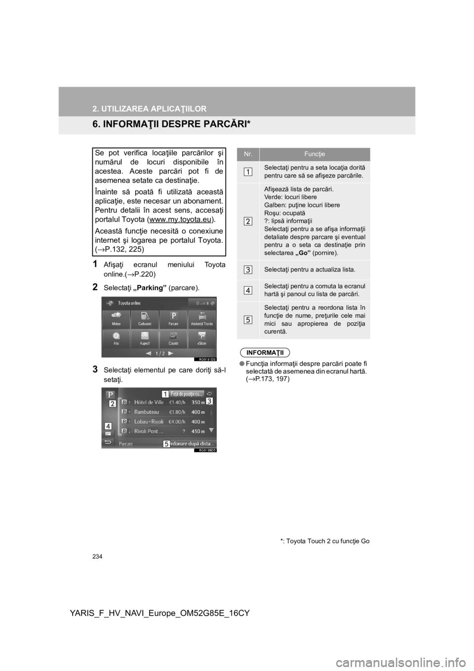 TOYOTA YARIS 2017  Manual de utilizare (in Romanian) 234
2. UTILIZAREA APLICAŢIILOR
YARIS_F_HV_NAVI_Europe_OM52G85E_16CY
6. INFORMAŢII DESPRE PARCĂRI*
1
Afişaţi ecranul meniului Toyota
online.(→P.220)
2Selectaţi „Parking” (parcare).
3Selecta