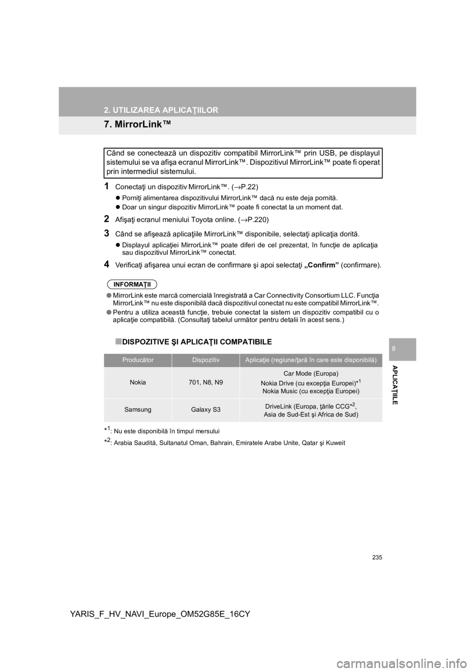 TOYOTA YARIS 2017 Manual de utilizare (in Romanian) 235
2. UTILIZAREA APLICAŢIILOR
YARIS_F_HV_NAVI_Europe_OM52G85E_16CY
APLICAŢIILE
8
7. MirrorLink™
1
Conectaţi un dispozitiv MirrorLink™. (→P.22)
Porniţi alimentarea dispozitivului MirrorLi TOYOTA YARIS 2017 Manual de utilizare (in Romanian) 235
2. UTILIZAREA APLICAŢIILOR
YARIS_F_HV_NAVI_Europe_OM52G85E_16CY
APLICAŢIILE
8
7. MirrorLink™
1
Conectaţi un dispozitiv MirrorLink™. (→P.22)
Porniţi alimentarea dispozitivului MirrorLi