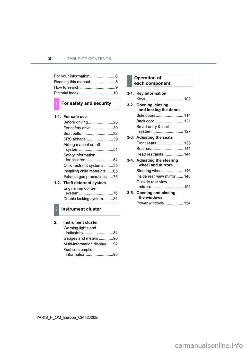 TOYOTA YARIS 2017 Owners Manual TABLE OF CONTENTS2
YARIS_F_OM_Europe_OM52J20E
For your information .......................6
Reading this manual.......................8
How to search ................................9
Pictorial in TOYOTA YARIS 2017 Owners Manual TABLE OF CONTENTS2
YARIS_F_OM_Europe_OM52J20E
For your information .......................6
Reading this manual.......................8
How to search ................................9
Pictorial in