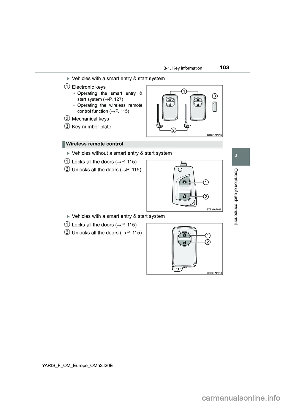 TOYOTA YARIS 2017 Owners Manual 1033-1. Key information
3
Operation of each component
YARIS_F_OM_Europe_OM52J20E
Vehicles with a smart entry & start system
Electronic keys
• Operating the smart entry &
start system ( P. 12 TOYOTA YARIS 2017 Owners Manual 1033-1. Key information
3
Operation of each component
YARIS_F_OM_Europe_OM52J20E
Vehicles with a smart entry & start system
Electronic keys
• Operating the smart entry &
start system ( P. 12