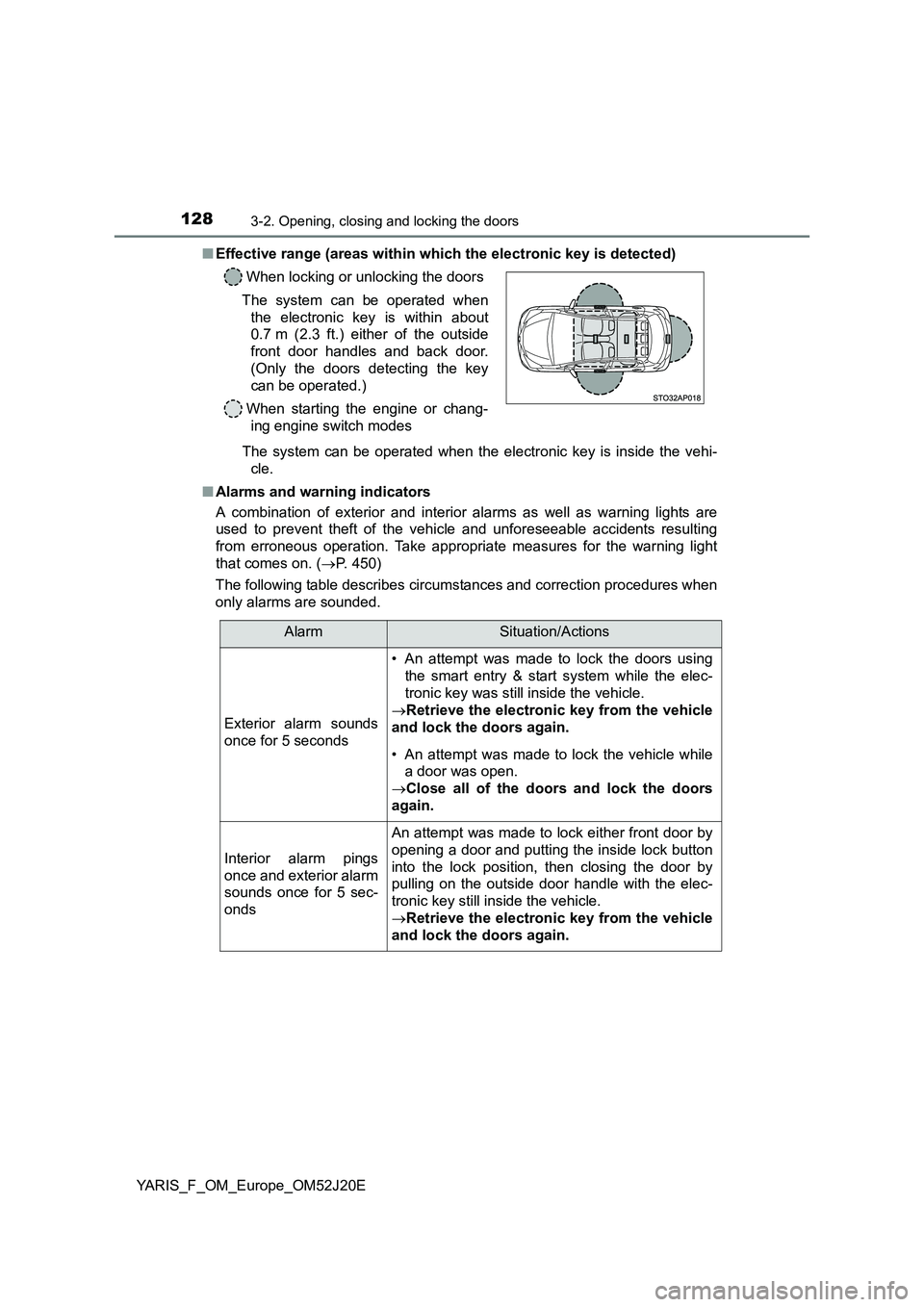 TOYOTA YARIS 2017 Owners Manual 1283-2. Opening, closing and locking the doors
YARIS_F_OM_Europe_OM52J20E
■ Effective range (areas within which the electronic key is detected)
The system can be operated when the electronic key i TOYOTA YARIS 2017 Owners Manual 1283-2. Opening, closing and locking the doors
YARIS_F_OM_Europe_OM52J20E
■ Effective range (areas within which the electronic key is detected)
The system can be operated when the electronic key i