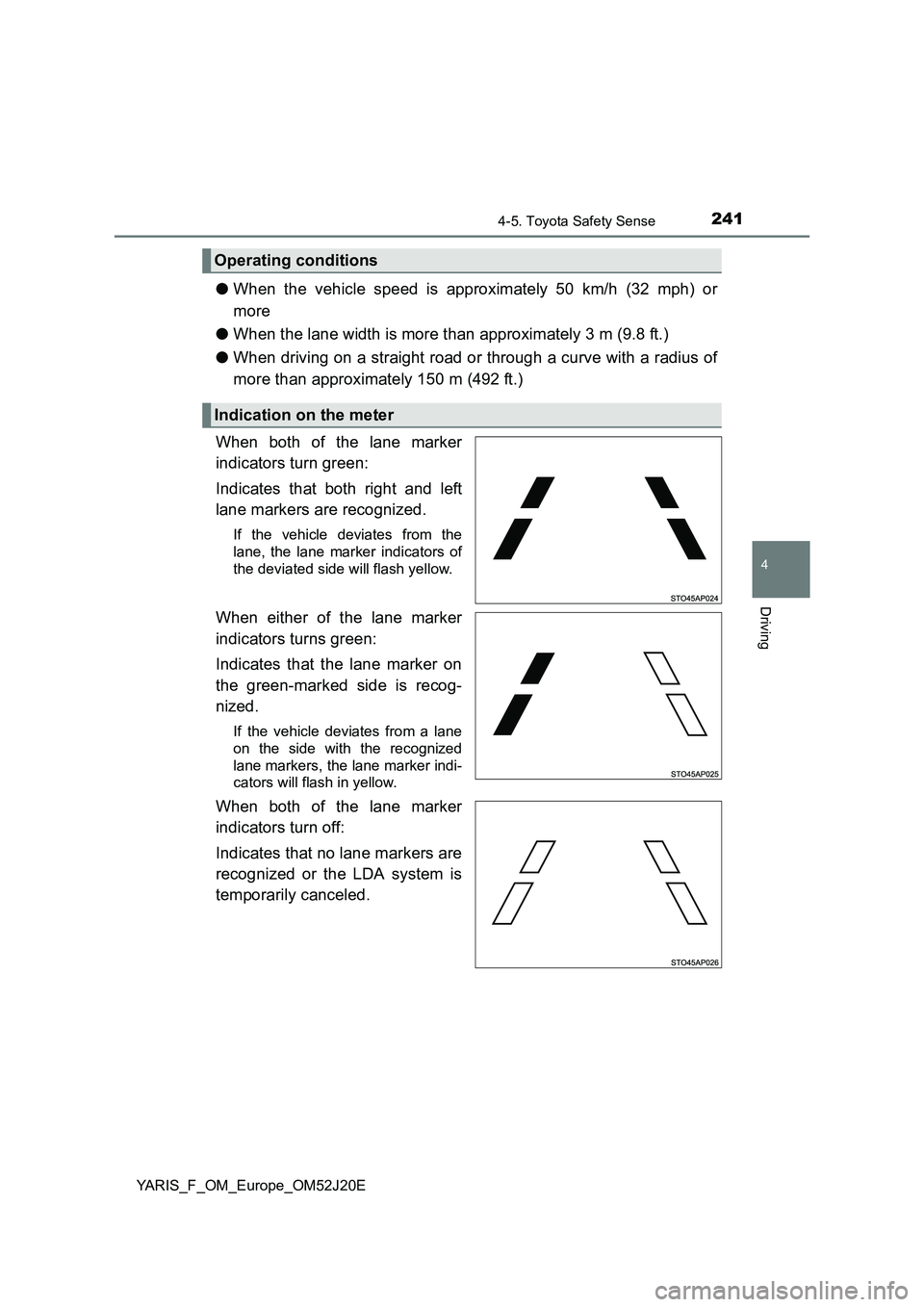 TOYOTA YARIS 2017 Owners Manual 2414-5. Toyota Safety Sense
4
Driving
YARIS_F_OM_Europe_OM52J20E
●When the vehicle speed is approximately 50 km/h (32 mph) or
more
● When the lane width is more than approximately 3 m (9.8 ft.) TOYOTA YARIS 2017 Owners Manual 2414-5. Toyota Safety Sense
4
Driving
YARIS_F_OM_Europe_OM52J20E
●When the vehicle speed is approximately 50 km/h (32 mph) or
more
● When the lane width is more than approximately 3 m (9.8 ft.)