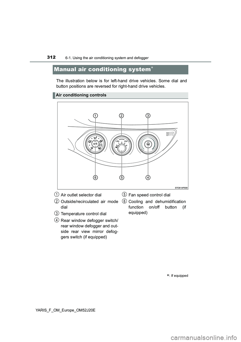 TOYOTA YARIS 2017 Owners Manual 3126-1. Using the air conditioning system and defogger
YARIS_F_OM_Europe_OM52J20E
Manual air conditioning system
The illustration below is for left-hand drive vehicles. Some dial and
button positi TOYOTA YARIS 2017 Owners Manual 3126-1. Using the air conditioning system and defogger
YARIS_F_OM_Europe_OM52J20E
Manual air conditioning system
The illustration below is for left-hand drive vehicles. Some dial and
button positi