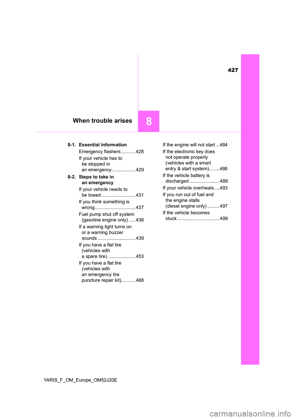 TOYOTA YARIS 2017 Owners Manual 427
8When trouble arises
YARIS_F_OM_Europe_OM52J20E
8-1. Essential information
Emergency flashers ........... 428
If your vehicle has to
be stopped in
an emergency .................. 429
8-2. S TOYOTA YARIS 2017 Owners Manual 427
8When trouble arises
YARIS_F_OM_Europe_OM52J20E
8-1. Essential information
Emergency flashers ........... 428
If your vehicle has to
be stopped in
an emergency .................. 429
8-2. S