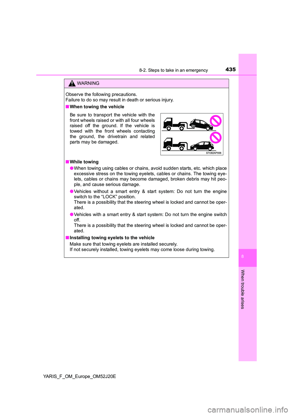 TOYOTA YARIS 2017 Owners Guide 4358-2. Steps to take in an emergency
8
When trouble arises
YARIS_F_OM_Europe_OM52J20E
WARNING
Observe the following precautions.  
Failure to do so may result in death or serious injury. 
■ When to