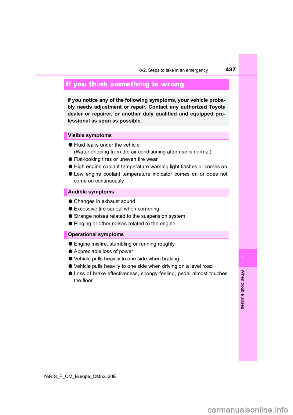 TOYOTA YARIS 2017  Owners Manual 4378-2. Steps to take in an emergency
8
When trouble arises
YARIS_F_OM_Europe_OM52J20E
If you think something is wrong
●Fluid leaks under the vehicle 
(Water dripping from the air conditioning after
