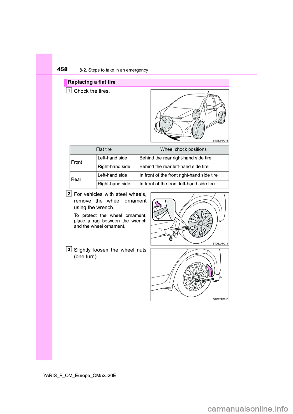 TOYOTA YARIS 2017  Owners Manual 4588-2. Steps to take in an emergency
YARIS_F_OM_Europe_OM52J20E
Chock the tires. 
For vehicles with steel wheels, 
remove the wheel ornament 
using the wrench.
To protect the wheel ornament, 
place a