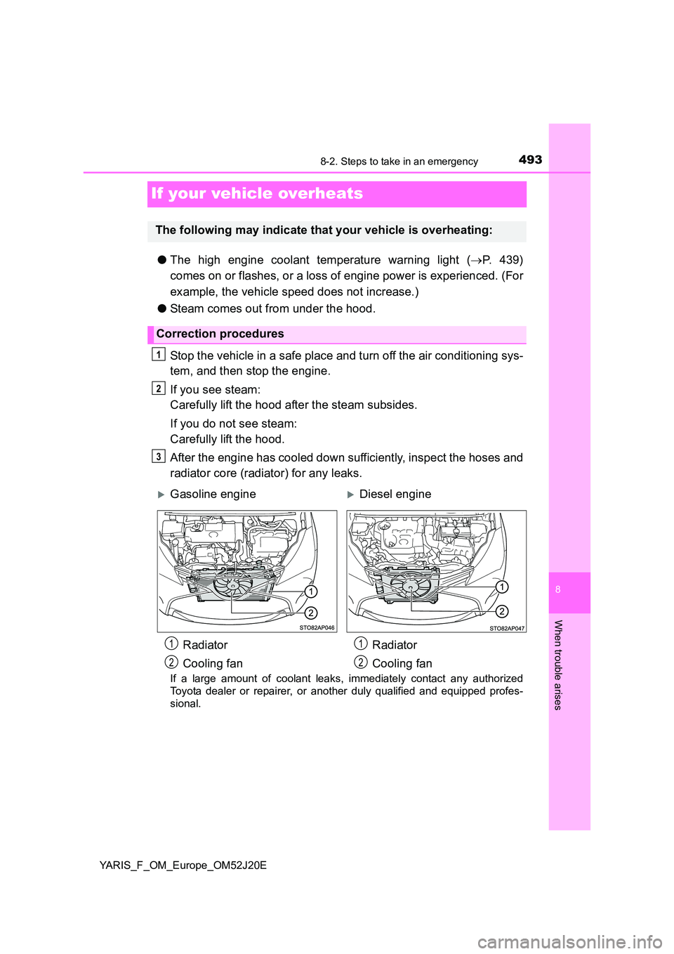 TOYOTA YARIS 2017  Owners Manual 4938-2. Steps to take in an emergency
8
When trouble arises
YARIS_F_OM_Europe_OM52J20E
If your vehicle overheats
●The high engine coolant temperature warning light (P. 439) 
comes on or flashes, 