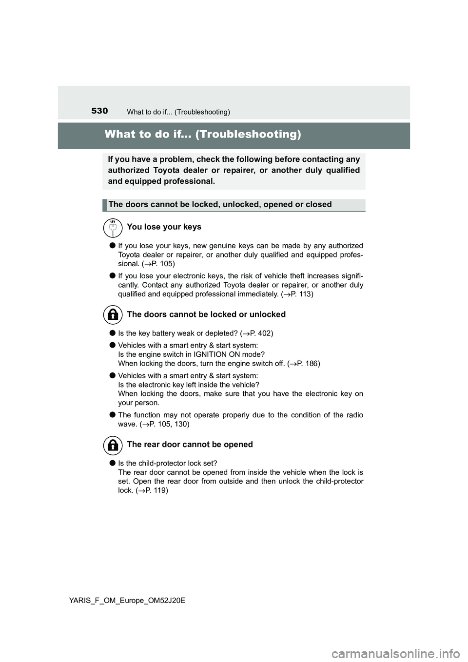 TOYOTA YARIS 2017  Owners Manual 530What to do if... (Troubleshooting)
YARIS_F_OM_Europe_OM52J20E
What to do if... (Troubleshooting)
●If you lose your keys, new genuine keys can be made by any authorized 
Toyota dealer or repairer,
