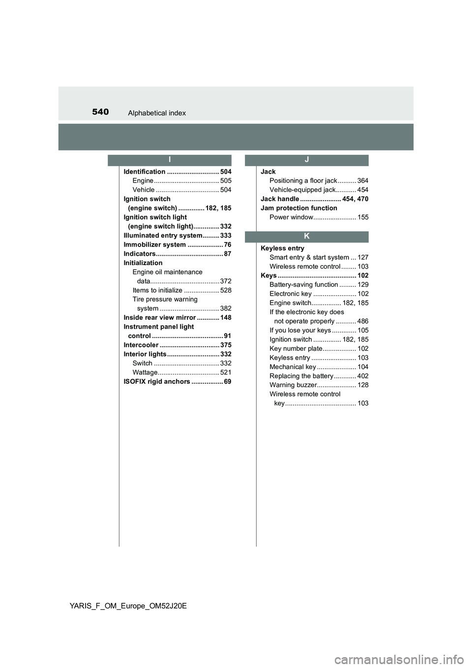 TOYOTA YARIS 2017  Owners Manual 540Alphabetical index
YARIS_F_OM_Europe_OM52J20E
Identification ............................ 504 
Engine ................................... 505 
Vehicle .................................. 504
Ignitio