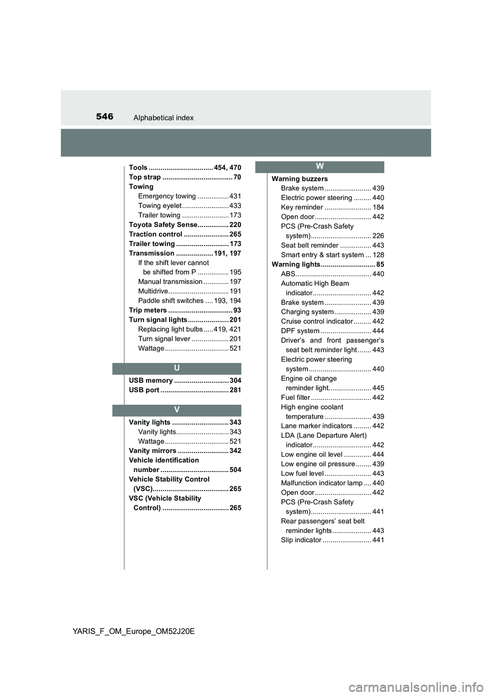 TOYOTA YARIS 2017  Owners Manual 546Alphabetical index
YARIS_F_OM_Europe_OM52J20E
Tools ................................. 454, 470 
Top strap .................................... 70
Towing
Emergency towing ................ 431 
Towin