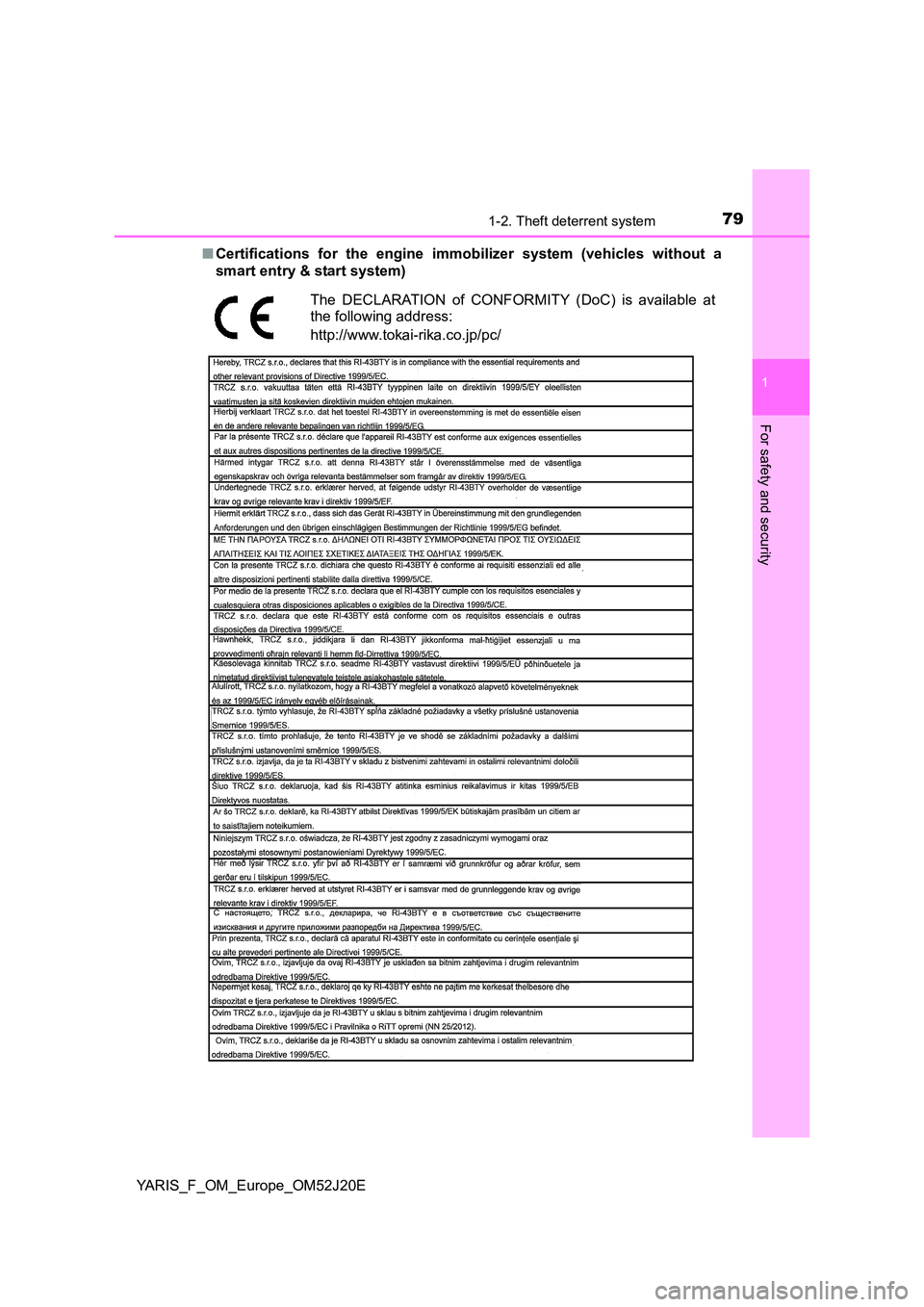 TOYOTA YARIS 2017 Manual PDF 791-2. Theft deterrent system
1
For safety and security
YARIS_F_OM_Europe_OM52J20E
■ Certifications for the engine immobilizer system (vehicles without a
smart entry & start system)
The DECLARATIO TOYOTA YARIS 2017 Manual PDF 791-2. Theft deterrent system
1
For safety and security
YARIS_F_OM_Europe_OM52J20E
■ Certifications for the engine immobilizer system (vehicles without a
smart entry & start system)
The DECLARATIO
