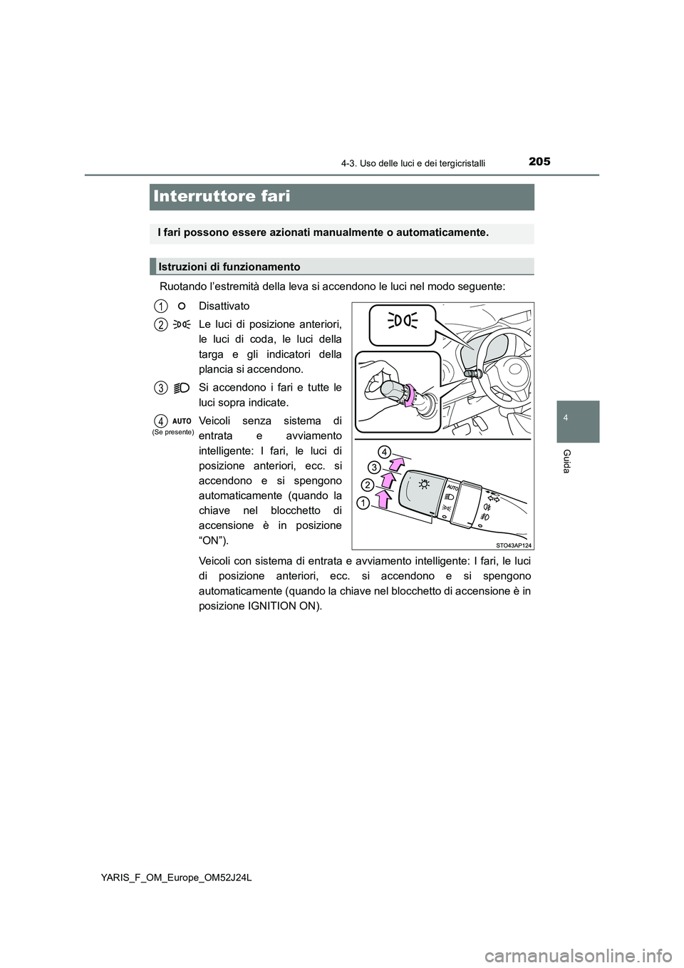 TOYOTA YARIS 2017 Manuale duso (in Italian) 205
4
4-3. Uso delle luci e dei tergicristalli
Guida
YARIS_F_OM_Europe_OM52J24L
Interruttore fari
Ruotando l’estremità della leva si accendono le luci nel modo seguente:
Disattivato
Le luci di po TOYOTA YARIS 2017 Manuale duso (in Italian) 205
4
4-3. Uso delle luci e dei tergicristalli
Guida
YARIS_F_OM_Europe_OM52J24L
Interruttore fari
Ruotando l’estremità della leva si accendono le luci nel modo seguente:
Disattivato
Le luci di po