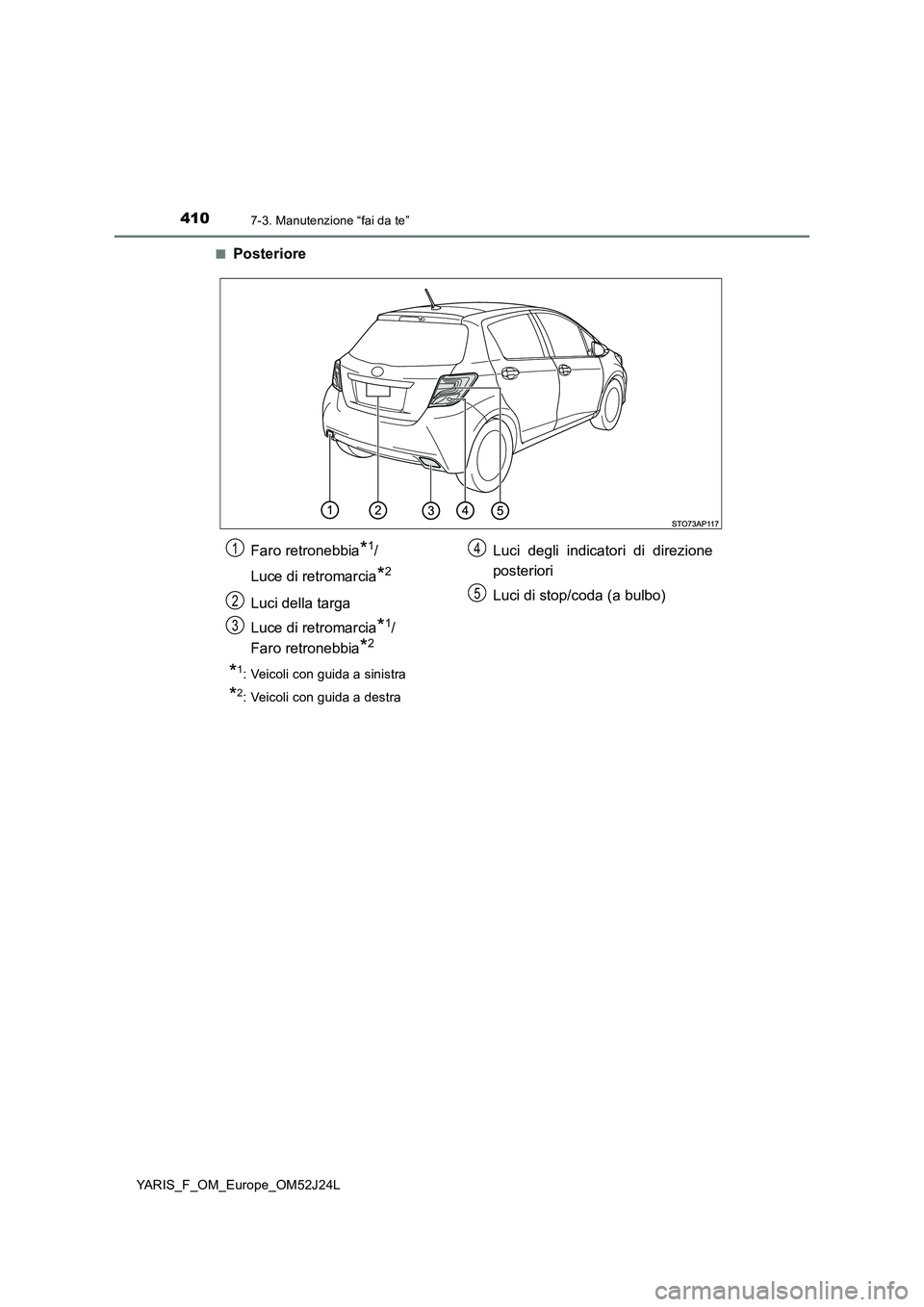TOYOTA YARIS 2017 Manuale duso (in Italian) 4107-3. Manutenzione “fai da te”
YARIS_F_OM_Europe_OM52J24L
■Posteriore
*1: Veicoli con guida a sinistra
*2: Veicoli con guida a destra
Faro retronebbia*1/
Luce di retromarcia*2
Luci della t TOYOTA YARIS 2017 Manuale duso (in Italian) 4107-3. Manutenzione “fai da te”
YARIS_F_OM_Europe_OM52J24L
■Posteriore
*1: Veicoli con guida a sinistra
*2: Veicoli con guida a destra
Faro retronebbia*1/
Luce di retromarcia*2
Luci della t