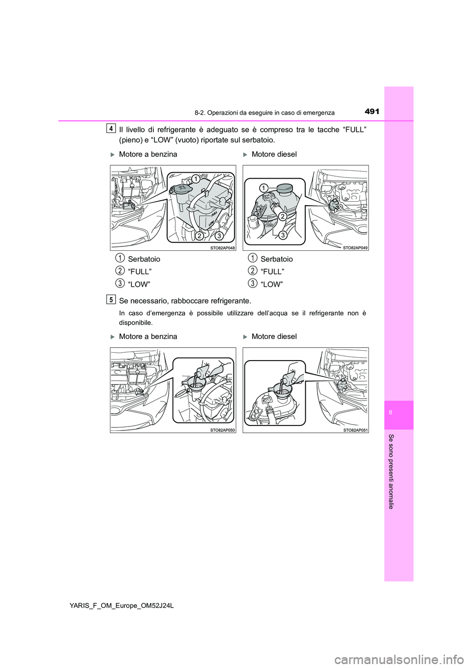 TOYOTA YARIS 2017 Manuale duso (in Italian) 4918-2. Operazioni da eseguire in caso di emergenza
8
Se sono presenti anomalie
YARIS_F_OM_Europe_OM52J24L
Il livello di refrigerante è adeguato se è compreso tra le tacche “FULL”
(pieno) e “ TOYOTA YARIS 2017 Manuale duso (in Italian) 4918-2. Operazioni da eseguire in caso di emergenza
8
Se sono presenti anomalie
YARIS_F_OM_Europe_OM52J24L
Il livello di refrigerante è adeguato se è compreso tra le tacche “FULL”
(pieno) e “