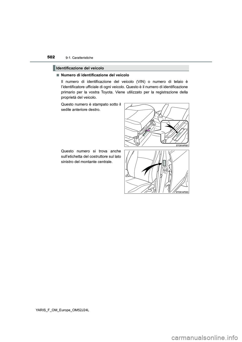 TOYOTA YARIS 2017 Manuale duso (in Italian) 5029-1. Caratteristiche
YARIS_F_OM_Europe_OM52J24L
■Numero di identificazione del veicolo
Il numero di identificazione del ve icolo (VIN) o numero di telaio è
l’identificatore ufficiale di ogn TOYOTA YARIS 2017 Manuale duso (in Italian) 5029-1. Caratteristiche
YARIS_F_OM_Europe_OM52J24L
■Numero di identificazione del veicolo
Il numero di identificazione del ve icolo (VIN) o numero di telaio è
l’identificatore ufficiale di ogn
