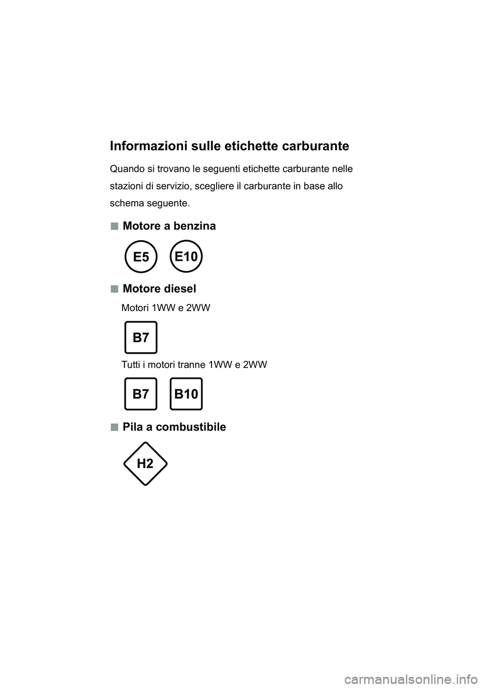 TOYOTA YARIS 2017  Manuale duso (in Italian) Informazioni sulle etichette carburante
Quando si trovano le seguenti etichette carburante nelle 
stazioni di servizio, scegliere il carburante in base allo 
schema seguente.
 „Motore a benzina
 