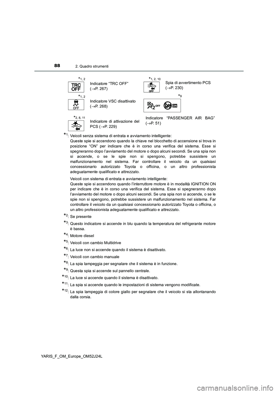 TOYOTA YARIS 2017 Manuale duso (in Italian) 882. Quadro strumenti
YARIS_F_OM_Europe_OM52J24L
*1: Veicoli senza sistema di entrata e avviamento intelligente:
Queste spie si accendono quando la chiave nel blocchetto di accensione si trova in
po TOYOTA YARIS 2017 Manuale duso (in Italian) 882. Quadro strumenti
YARIS_F_OM_Europe_OM52J24L
*1: Veicoli senza sistema di entrata e avviamento intelligente:
Queste spie si accendono quando la chiave nel blocchetto di accensione si trova in
po