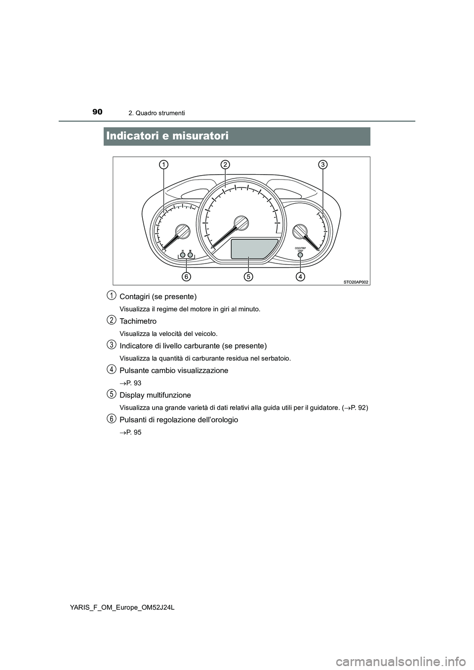 TOYOTA YARIS 2017 Manuale duso (in Italian) 902. Quadro strumenti
YARIS_F_OM_Europe_OM52J24L
Indicatori e misuratori
Contagiri (se presente)
Visualizza il regime del motore in giri al minuto.
Ta c h i m e t r o
Visualizza la velocità del veico TOYOTA YARIS 2017 Manuale duso (in Italian) 902. Quadro strumenti
YARIS_F_OM_Europe_OM52J24L
Indicatori e misuratori
Contagiri (se presente)
Visualizza il regime del motore in giri al minuto.
Ta c h i m e t r o
Visualizza la velocità del veico