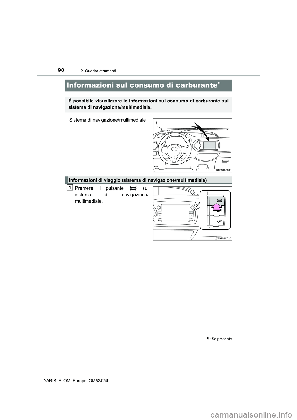 TOYOTA YARIS 2017 Manuale duso (in Italian) 982. Quadro strumenti
YARIS_F_OM_Europe_OM52J24L
Informazioni sul consumo di carburante
Sistema di navigazione/multimediale
Premere il pulsante sul
sistema di navigazione/
multimediale.
: S TOYOTA YARIS 2017 Manuale duso (in Italian) 982. Quadro strumenti
YARIS_F_OM_Europe_OM52J24L
Informazioni sul consumo di carburante
Sistema di navigazione/multimediale
Premere il pulsante sul
sistema di navigazione/
multimediale.
: S