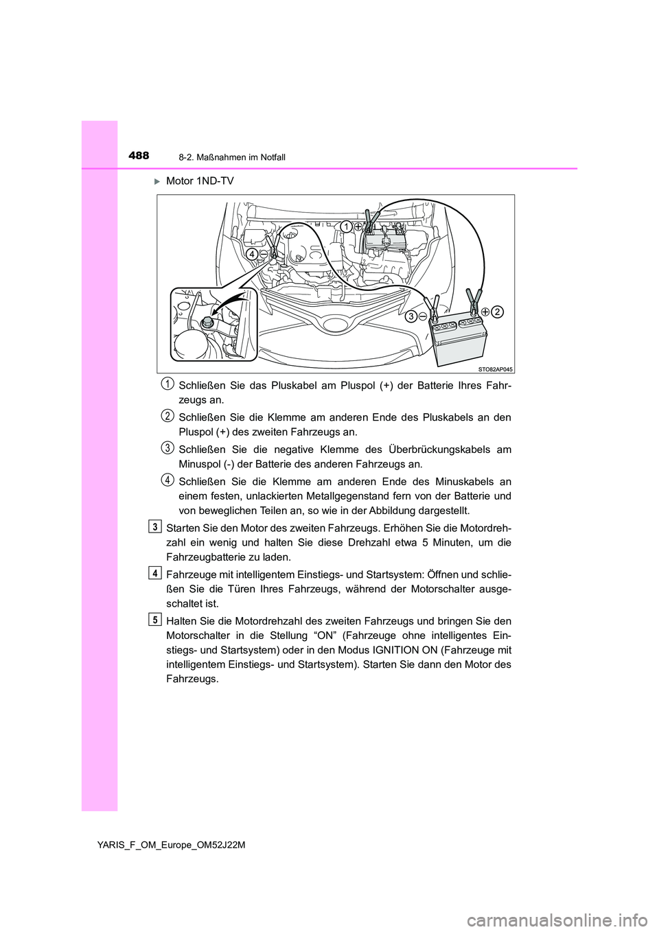 TOYOTA YARIS 2017  Betriebsanleitungen (in German) 4888-2. Maßnahmen im Notfall
YARIS_F_OM_Europe_OM52J22M
Motor 1ND-TV 
Schließen Sie das Pluskabel am Pluspol (+) der Batterie Ihres Fahr- 
zeugs an. 
Schließen Sie die Klemme am anderen Ende des