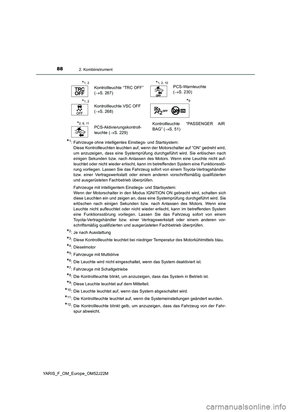 TOYOTA YARIS 2017 Betriebsanleitungen (in German) 882. Kombiinstrument
YARIS_F_OM_Europe_OM52J22M
*1: Fahrzeuge ohne intelligentes Einstiegs- und Startsystem:
Diese Kontrollleuchten leuchten auf, wenn der Motorschalter auf “ON” gedreht wird,
um TOYOTA YARIS 2017 Betriebsanleitungen (in German) 882. Kombiinstrument
YARIS_F_OM_Europe_OM52J22M
*1: Fahrzeuge ohne intelligentes Einstiegs- und Startsystem:
Diese Kontrollleuchten leuchten auf, wenn der Motorschalter auf “ON” gedreht wird,
um
