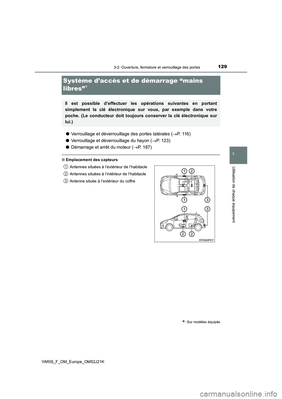 TOYOTA YARIS 2017  Notices Demploi (in French) 129
3
3-2. Ouverture, fermeture et verrouillage des portes
Utilisation de chaque équipement
YARIS_F_OM_Europe_OM52J21K
Système d’accès et de démarrage “mains  
libres”
● Verrouillage et