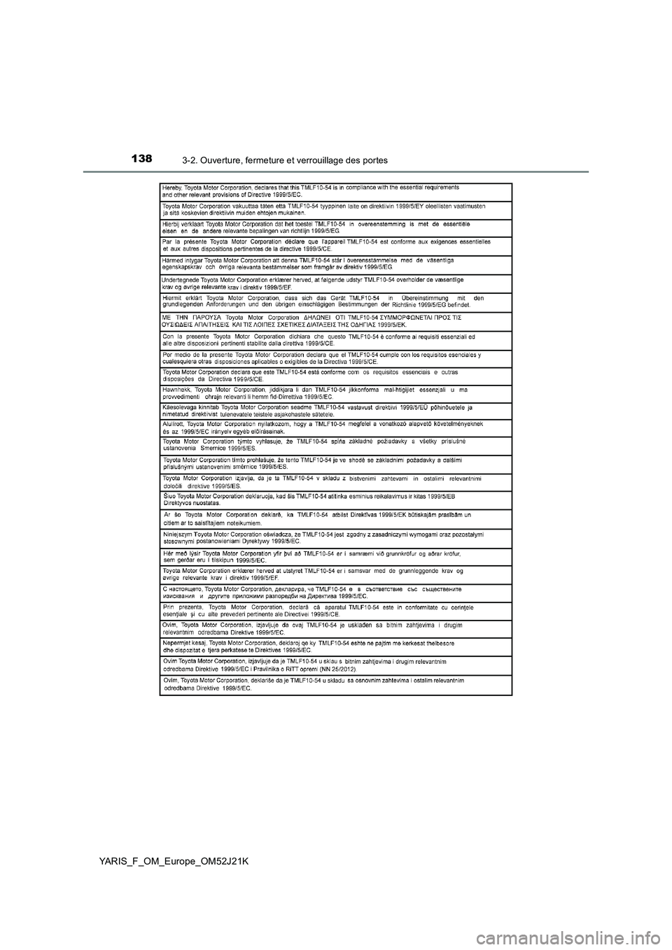 TOYOTA YARIS 2017 Notices Demploi (in French) 1383-2. Ouverture, fermeture et verrouillage des portes
YARIS_F_OM_Europe_OM52J21K TOYOTA YARIS 2017 Notices Demploi (in French) 1383-2. Ouverture, fermeture et verrouillage des portes
YARIS_F_OM_Europe_OM52J21K
