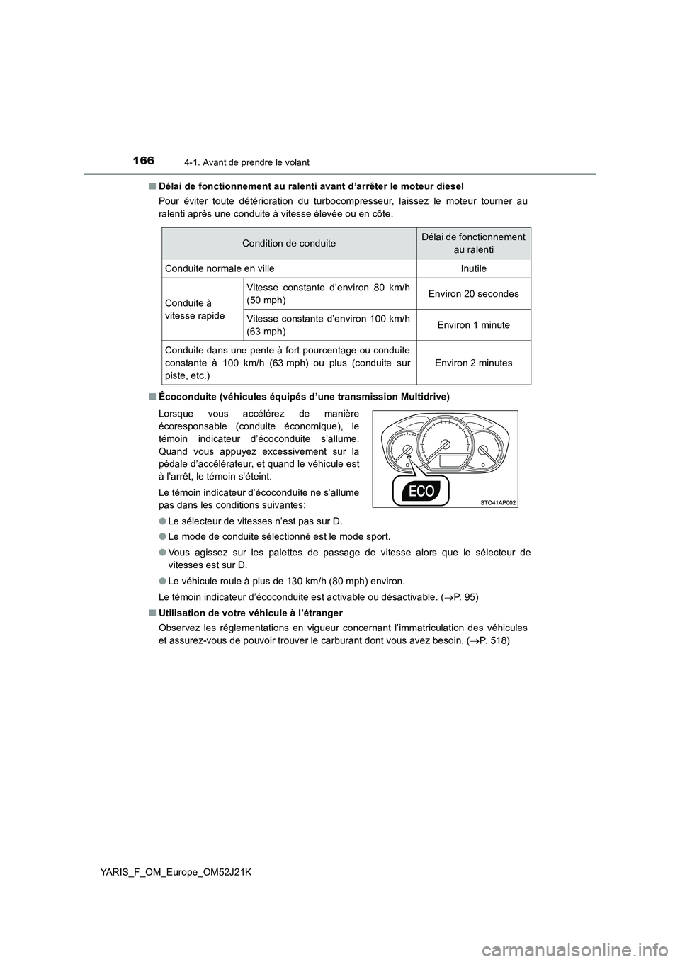 TOYOTA YARIS 2017 Notices Demploi (in French) 1664-1. Avant de prendre le volant
YARIS_F_OM_Europe_OM52J21K
■ Délai de fonctionnement au ralenti avant d’arrêter le moteur diesel
Pour éviter toute détérioration du turbocompresseur, lais TOYOTA YARIS 2017 Notices Demploi (in French) 1664-1. Avant de prendre le volant
YARIS_F_OM_Europe_OM52J21K
■ Délai de fonctionnement au ralenti avant d’arrêter le moteur diesel
Pour éviter toute détérioration du turbocompresseur, lais