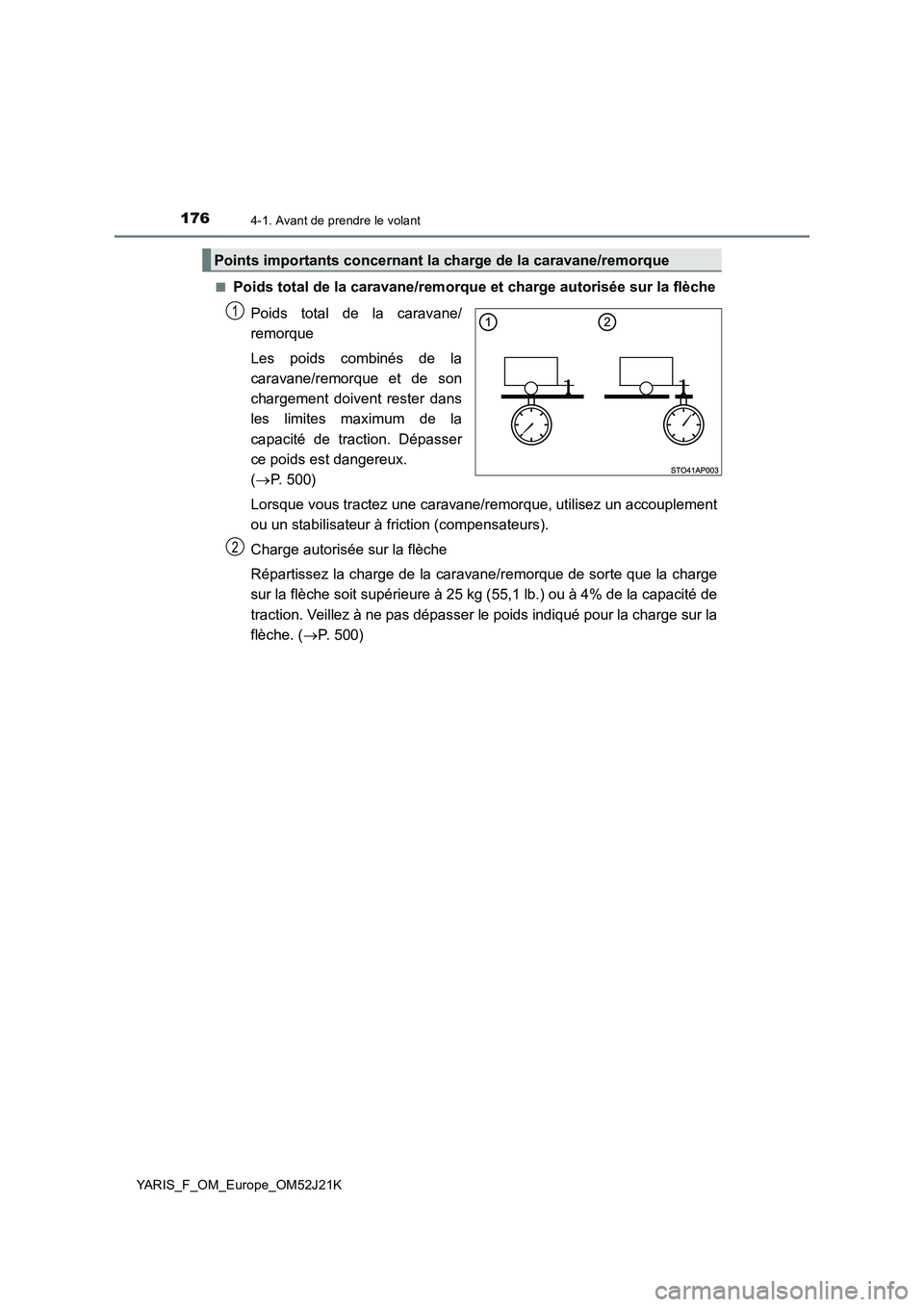 TOYOTA YARIS 2017 Notices Demploi (in French) 1764-1. Avant de prendre le volant
YARIS_F_OM_Europe_OM52J21K
■Poids total de la caravane/remorque et charge autorisée sur la flèche
Poids total de la caravane/
remorque
Les poids combinés d TOYOTA YARIS 2017 Notices Demploi (in French) 1764-1. Avant de prendre le volant
YARIS_F_OM_Europe_OM52J21K
■Poids total de la caravane/remorque et charge autorisée sur la flèche
Poids total de la caravane/
remorque
Les poids combinés d