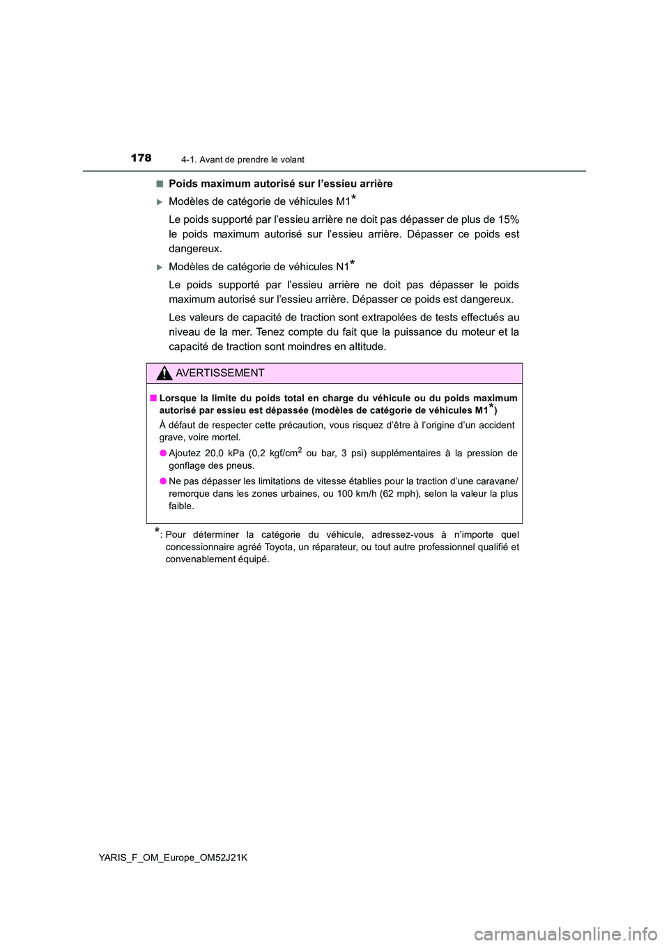 TOYOTA YARIS 2017 Notices Demploi (in French) 1784-1. Avant de prendre le volant
YARIS_F_OM_Europe_OM52J21K
■Poids maximum autorisé sur l’essieu arrière
Modèles de catégorie de véhicules M1*
Le poids supporté par l’essieu arrière TOYOTA YARIS 2017 Notices Demploi (in French) 1784-1. Avant de prendre le volant
YARIS_F_OM_Europe_OM52J21K
■Poids maximum autorisé sur l’essieu arrière
Modèles de catégorie de véhicules M1*
Le poids supporté par l’essieu arrière