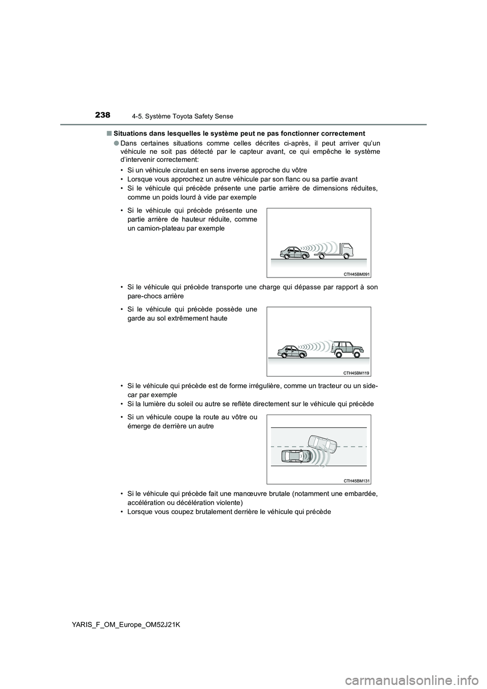 TOYOTA YARIS 2017  Notices Demploi (in French) 2384-5. Système Toyota Safety Sense
YARIS_F_OM_Europe_OM52J21K 
■ Situations dans lesquelles le système peut ne pas fonctionner correctement 
● Dans certaines situations comme celles décrites c