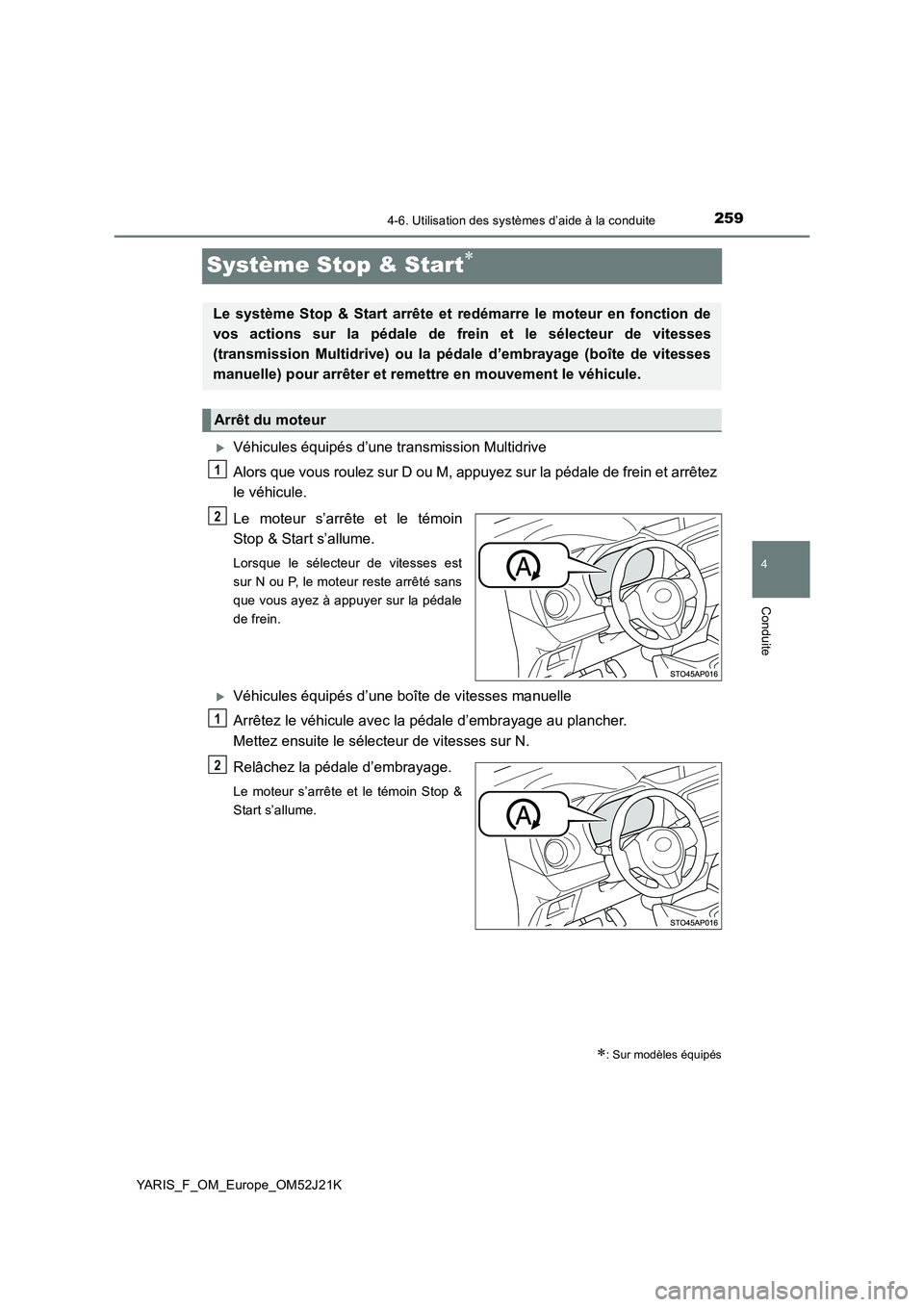 TOYOTA YARIS 2017  Notices Demploi (in French) 259
4
4-6. Utilisation des systèmes d’aide à la conduite
Conduite
YARIS_F_OM_Europe_OM52J21K
Système Stop & Start
Véhicules équipés d’une transmission Multidrive 
Alors que vous roulez