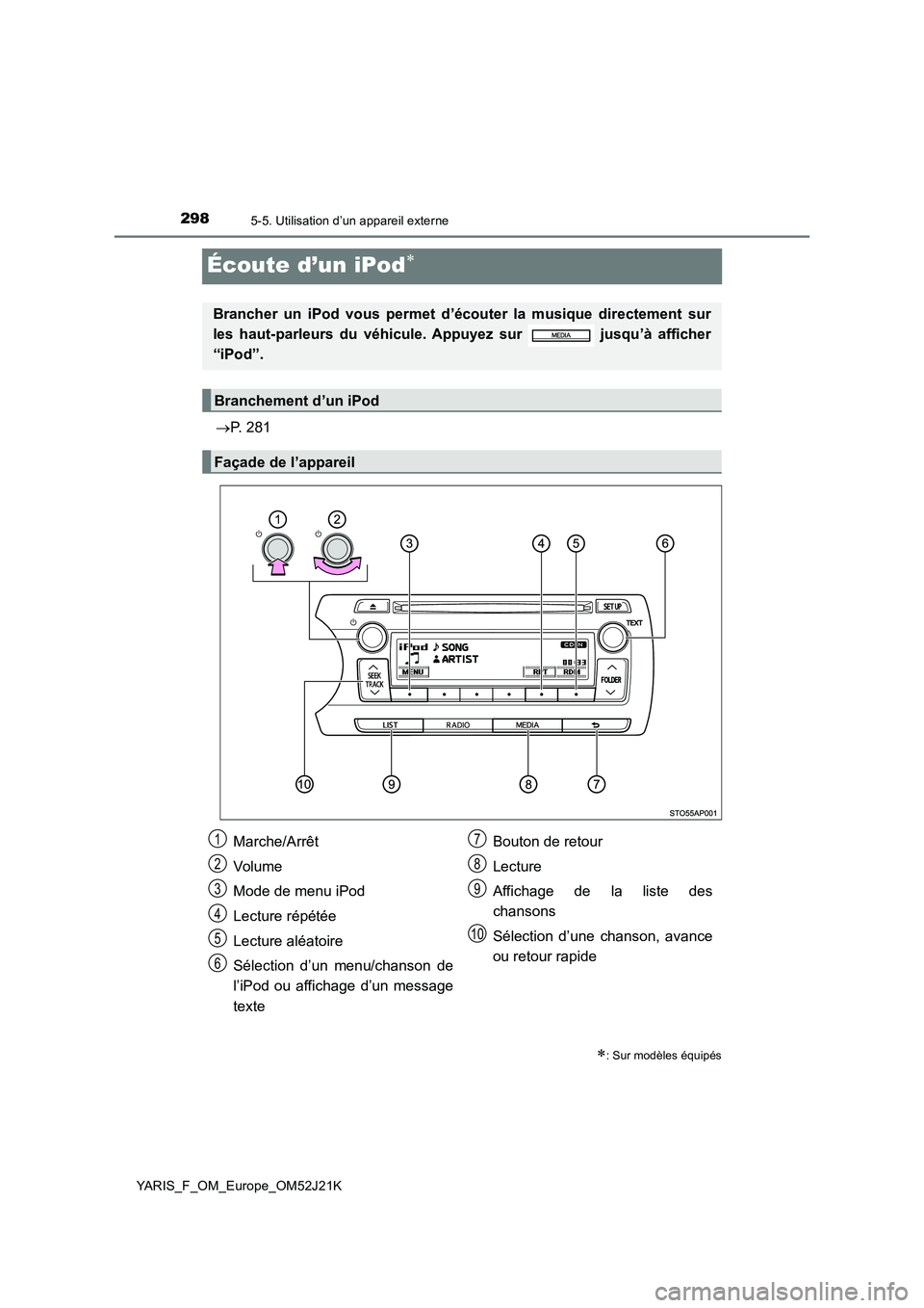 TOYOTA YARIS 2017  Notices Demploi (in French) 2985-5. Utilisation d’un appareil externe
YARIS_F_OM_Europe_OM52J21K
Écoute d’un iPod
P. 281
: Sur modèles équipés
Brancher un iPod vous permet d’écouter la musique directement sur
