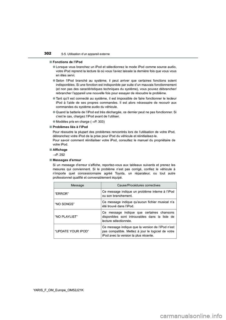 TOYOTA YARIS 2017 Notices Demploi (in French) 3025-5. Utilisation d’un appareil externe
YARIS_F_OM_Europe_OM52J21K
■ Fonctions de l’iPod
● Lorsque vous branchez un iPod et sélectionnez le mode iPod comme source audio,
votre iPod repre TOYOTA YARIS 2017 Notices Demploi (in French) 3025-5. Utilisation d’un appareil externe
YARIS_F_OM_Europe_OM52J21K
■ Fonctions de l’iPod
● Lorsque vous branchez un iPod et sélectionnez le mode iPod comme source audio,
votre iPod repre