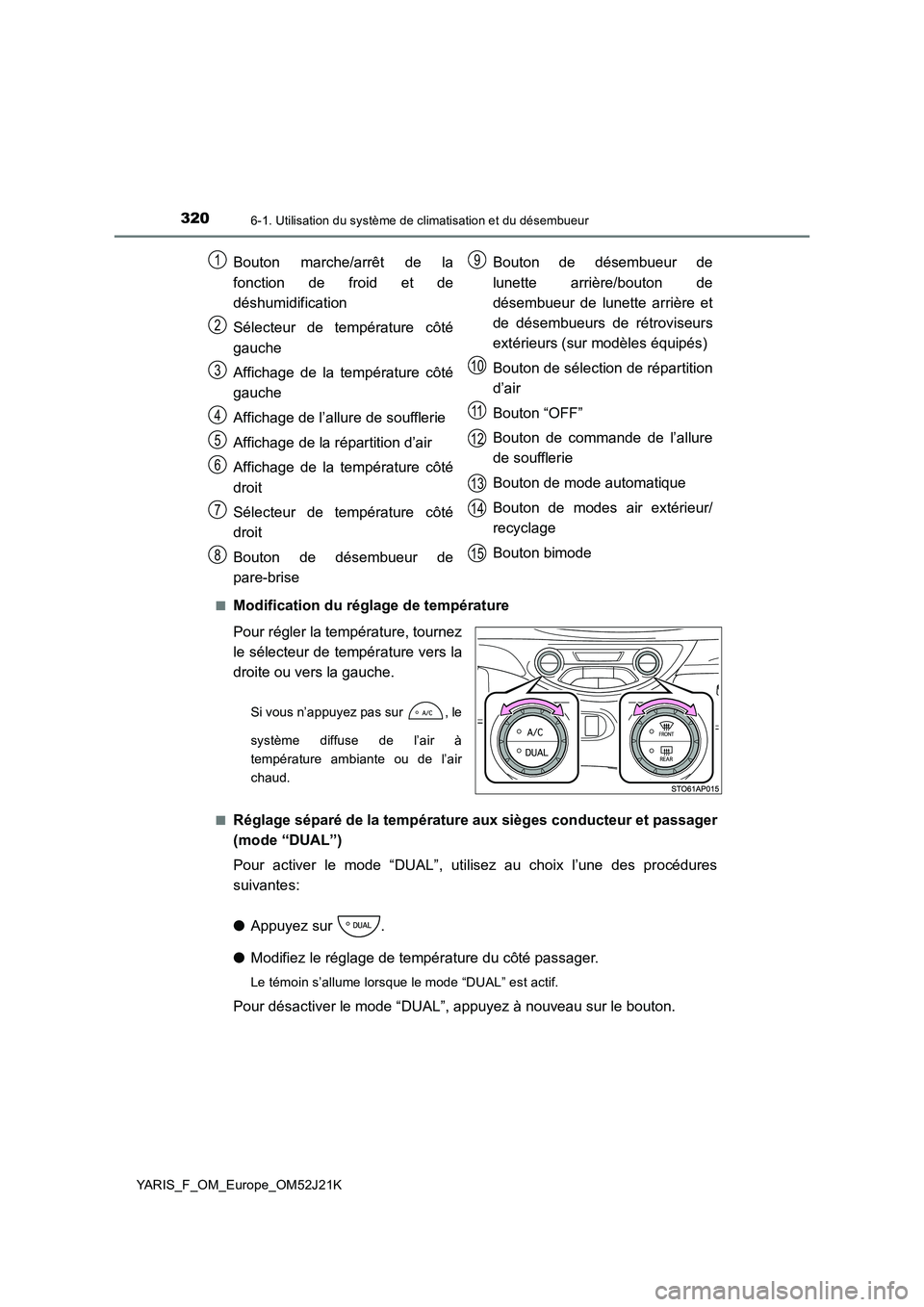 TOYOTA YARIS 2017  Notices Demploi (in French) 3206-1. Utilisation du système de climatisation et du désembueur
YARIS_F_OM_Europe_OM52J21K 
■Modification du réglage de température 
Pour régler la température, tournez 
le sélecteur de temp