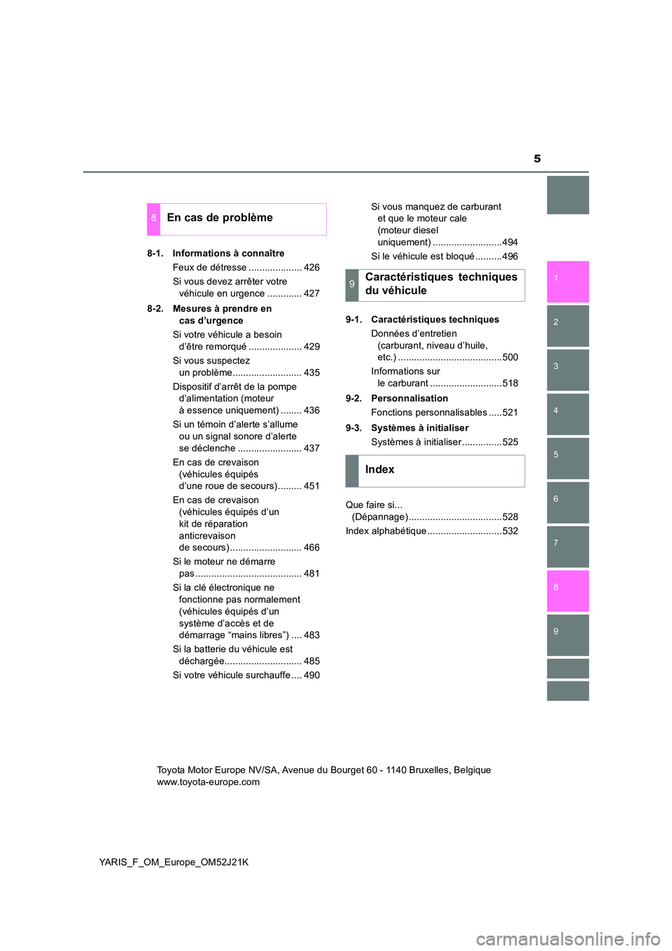 TOYOTA YARIS 2017  Notices Demploi (in French) 5
1 
7 
8 
6 
5
4
3
2
9
YARIS_F_OM_Europe_OM52J21K 
8-1. Informations à connaître 
Feux de détresse .................... 426 
Si vous devez arrêter votre  
véhicule en urgence ............. 427 
